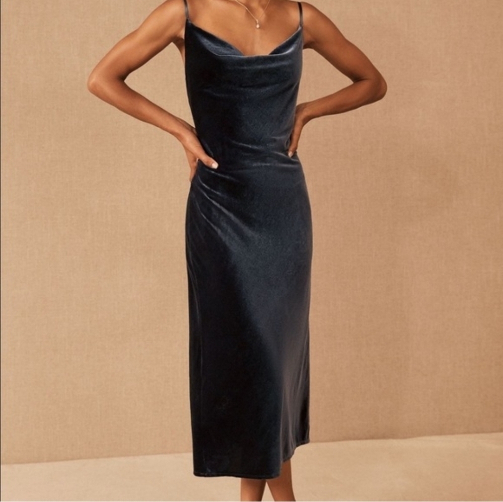 Jenny Yoo Collection Velvet Midi Slip Dress in Blue wedding guest Bridesmaid Eve